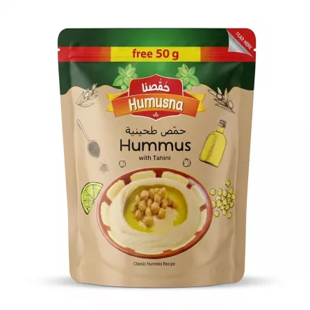 Enhanced Front view of Humusna Hummus with Tahini 200g pouch