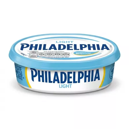 A 165g oval tub of Philadelphia Light Soft Cheese Spread, with white and blue packaging and a matching lid, presented centrally against a plain white studio background.