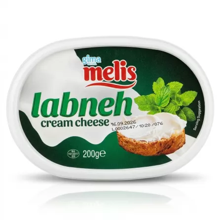 Enhanced Front view of Melis Labneh Cream Cheese 200g tub held in hand