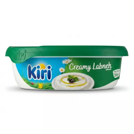 A 200g plastic tub of Kiri Creamy Labneh, isolated on a white background. The side label features a bowl of labneh with oil and herbs, alongside the Kiri logo and text "Creamy Labneh". [IMAGE]