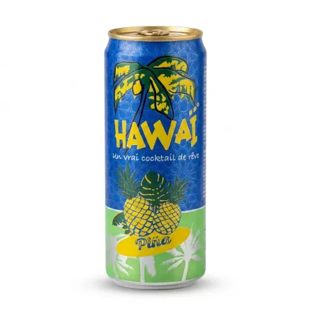 A 33cl can of Hawai Piña Pineapple Sparkling Drink, featuring a bright yellow tropical design with pineapples and the text 'Un vrai cocktail de rêve' on a blue and green background. The can is centered against a clean white backdrop, highlighting its authentic shape and vibrant colors.
