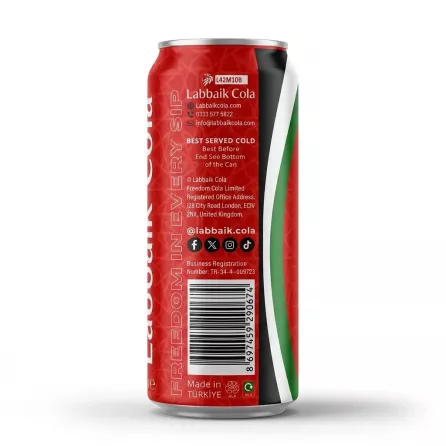 Enhanced Back view of Labbaik Cola can with contact and barcode information