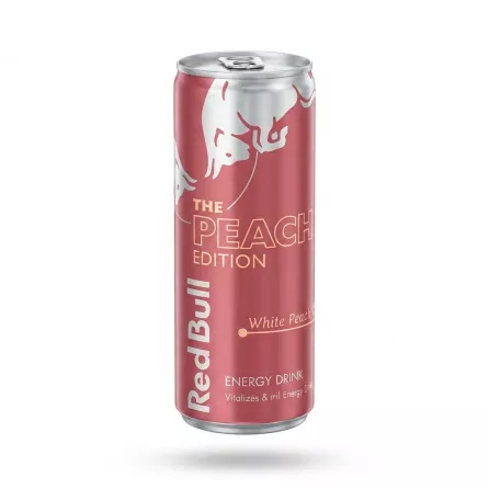 Enhanced Front of Red Bull The Peach Edition White Peach energy drink can