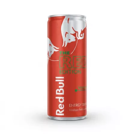 Enhanced Hand holding Red Bull Red Edition Watermelon energy drink can