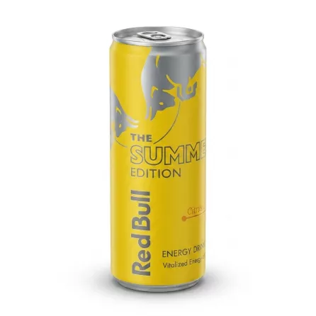 A 473ml can of Red Bull Summer Edition Citrus Zest energy drink, centered on a white background with soft studio lighting.
