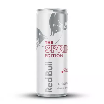 A professional studio photograph of a Red Bull Spring Edition Cherry Sakura energy drink can, featuring a white and silver design with a soft shadow on a white background.