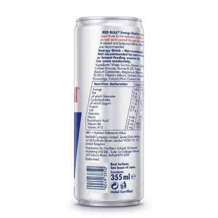 Enhanced Back of Red Bull 355ml can showing ingredients and nutrition facts