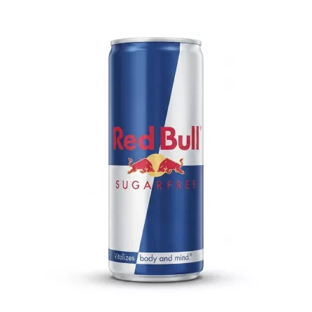 Enhanced Angle view showing price and side of Red Bull Sugarfree can