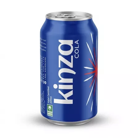 Enhanced Hand holding a blue Kinza Cola can in a grocery aisle