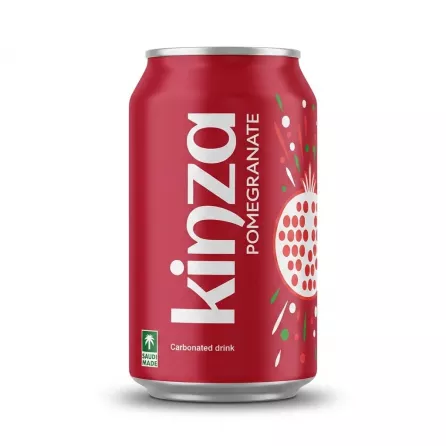 Enhanced Hand holding Kinza Pomegranate carbonated drink can in a grocery aisle
