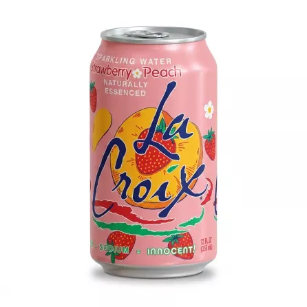 Enhanced Hand holding La Croix Strawberry Peach Sparkling Water can in a shop