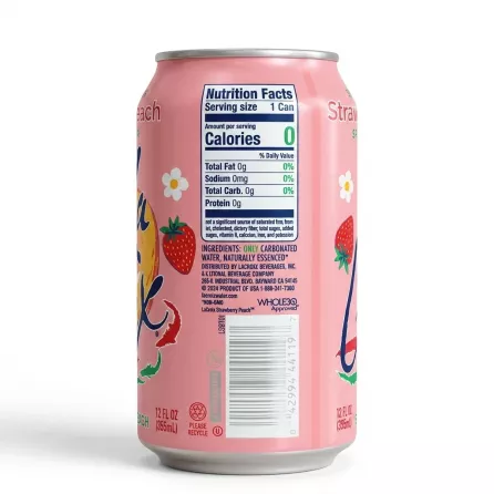 Enhanced Back view of La Croix Strawberry Peach Sparkling Water can displaying nutrition facts