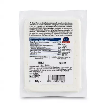 A clear e-commerce photo showing the back of a 150g package of Olympus Traditional Sheep Cheese against a white background. The full nutrition facts, ingredients list, and expiry dates are sharply in focus and easily legible.