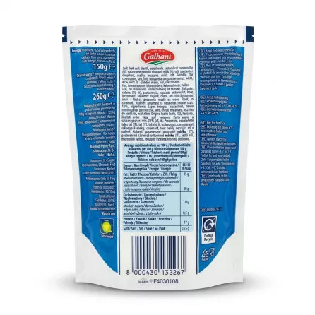 A professional 1:1 e-commerce photo of the back of a 150g Galbani Mozzarella Mini cheese pouch, displayed against a clean white background. It clearly shows the brand logo, nutrition table with 861kJ/207kcal per 100g, ingredient list, barcode, and production codes with sharp focus. {image}