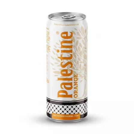 Enhanced Hand holding Palestine Orange carbonated soft drink can