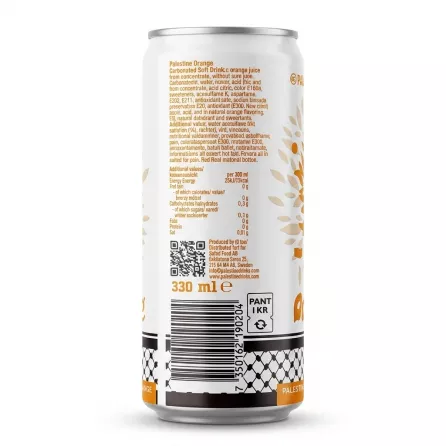 Enhanced Back view of Palestine Orange drink can with ingredients and barcode