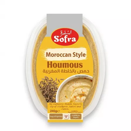 A 240g clear plastic tub of Sofra Moroccan Style Houmous, showing the clean product label on a pure white background with professional lighting and soft shadow. [A professional e-commerce product photograph on a pure white background of the Sofra Moroccan Style Houmous 240g tub, centered and filling 85% of the frame. The label has been cleaned of the price tag and the best before date, but all product and brand details are preserved. Studio lighting casts soft, even shadows on both sides, ensuring a sharp focus and crisp details.]