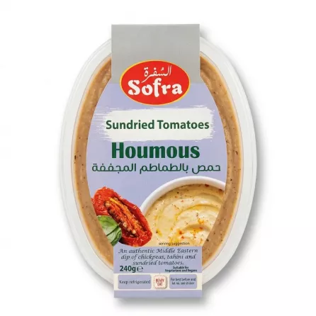 Enhanced Sofra Sundried Tomatoes Houmous 240g front packaging in a store aisle