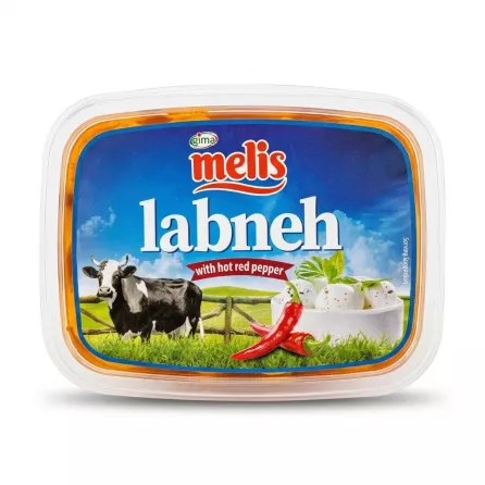 Enhanced Front of Melis Labneh with Hot Red Pepper cheese balls container