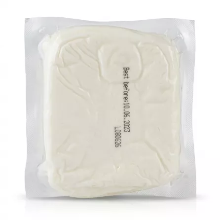Enhanced Vacuum-sealed white halloumi cheese block viewed from back