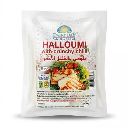 A professional studio photograph of a 225g package of Dairy Day Halloumi with Crunchy Chilli, featuring a clean white label with text and an image of fried cheese on a salad. PRODUCT TITLE: Dairy Day Halloumi Crunchy Chilli PRODUCT: Dairy Day Halloumi with Crunchy Chilli 225g packaged front PREFERENCES: - Aspect ratio: 1:1