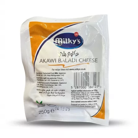 Enhanced Front packaging of Milky's Akawi Baladi Cheese 250g with label and barcode