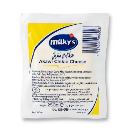 Enhanced Front of Milky's Akawi Chikie Cheese 250g pack in a grocery store