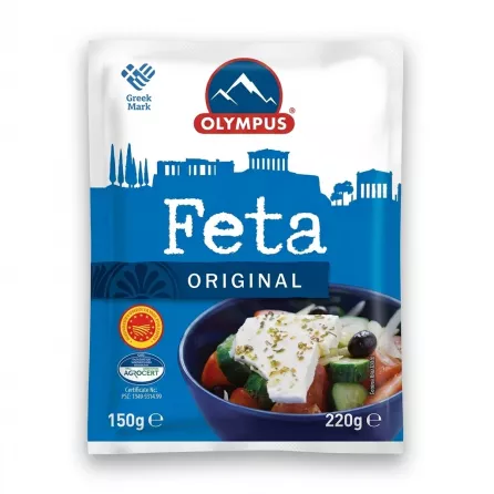 Front view of an Olympus Feta Original 150g pack in a professional studio setting. The blue and white package features Greek imagery and is isolated on a white background with a soft shadow.