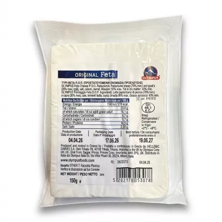 Enhanced Back view of Olympus Feta Original 150g packaging showing nutrition, ingredients and barcode