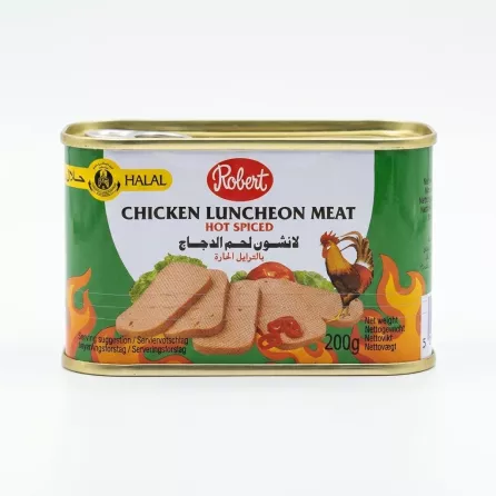 Enhanced Front of Robert Hot Spiced Chicken Luncheon Meat 200g tin showing label and halal certification