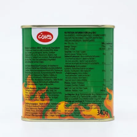 Enhanced Back of Robert Chicken Luncheon Meat tin showing nutrition facts and ingredients in multiple languages