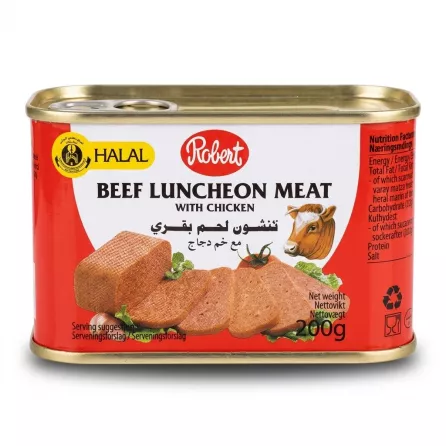 Enhanced Robert beef luncheon meat with chicken can front label