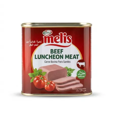 Enhanced Front label of Melis Beef Luncheon Meat Halal tin held in hand