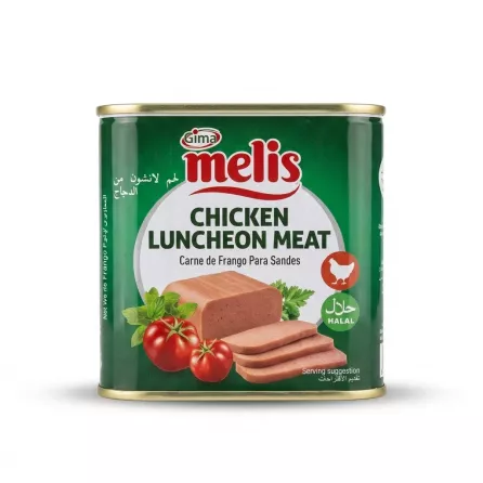 A 1:1 professional e-commerce product photograph of a green metal can of Gima Melis Chicken Luncheon Meat, featuring a detailed label with a serving suggestion, halal logos, and multiple languages. {image}