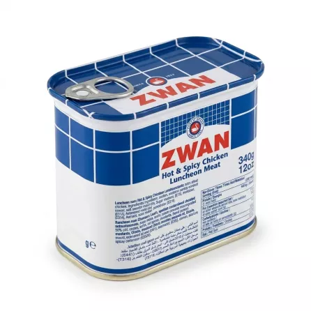 Enhanced Top and side of Zwan Hot & Spicy Chicken Luncheon Meat tin showing pull tab