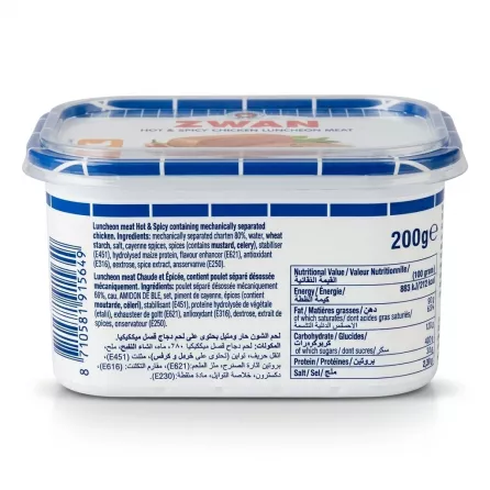 Enhanced Rear view of Zwan Hot & Spicy Chicken Luncheon Meat showing ingredients