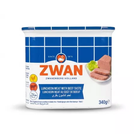 Enhanced Front of Zwan Luncheon Meat Beef Taste 340g tin held in hand