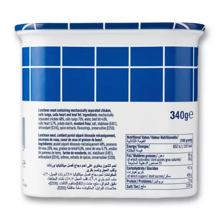 Enhanced Back of Zwan Luncheon Meat Beef Taste 340g tin showing ingredients and nutrition