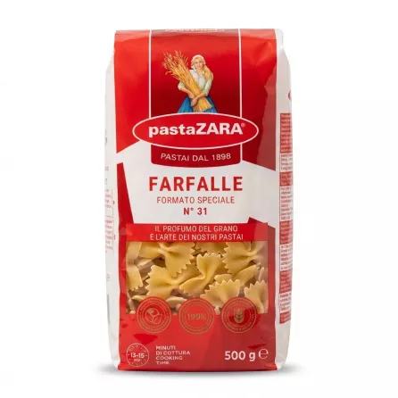 Enhanced Front view of Pasta Zara Farfalle No. 31 500g bag