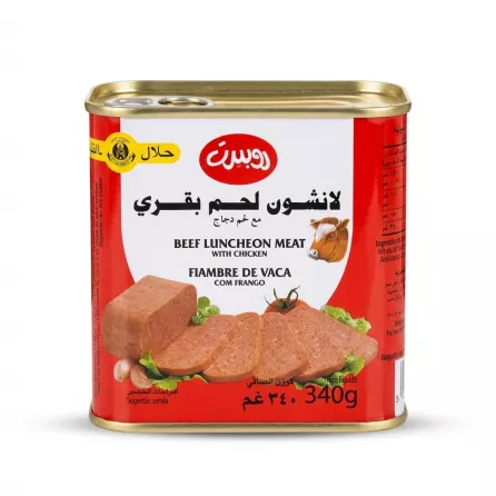A 340g tin of Robert Beef Luncheon Meat with Chicken, featuring bilingual branding and serving suggestion, presented on a pure white background with a soft shadow.
