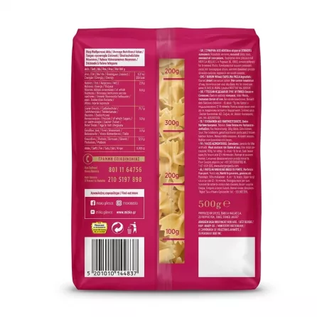 Enhanced Back of Misko Farfalle Pasta showing nutritional info and ingredients