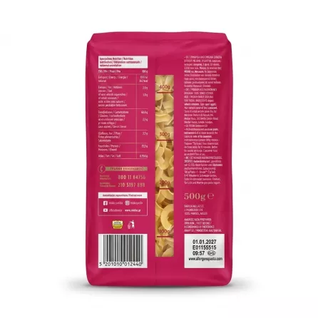 Enhanced Back view showing nutritional information and barcode on Misko Chilopites with Eggs pasta pack