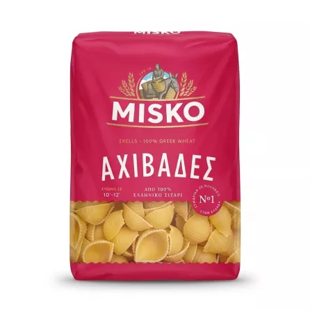Enhanced Front view of Misko Shells Pasta 500g bag held in hand in a grocery store