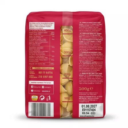 Enhanced Back view of Misko Shells Pasta 500g showing nutritional info and packaging details