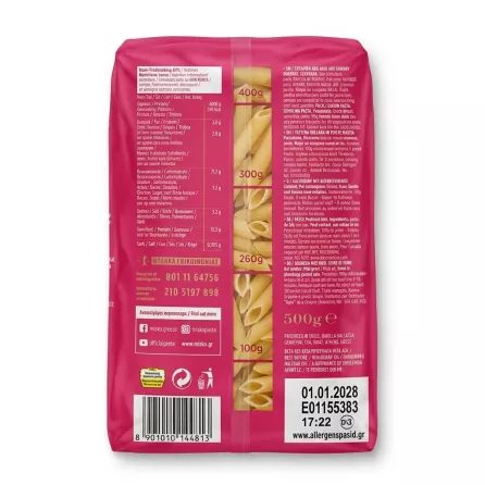 Enhanced Back of Misko Penne 100% Greek Wheat Pasta 500g packaging with nutritional information