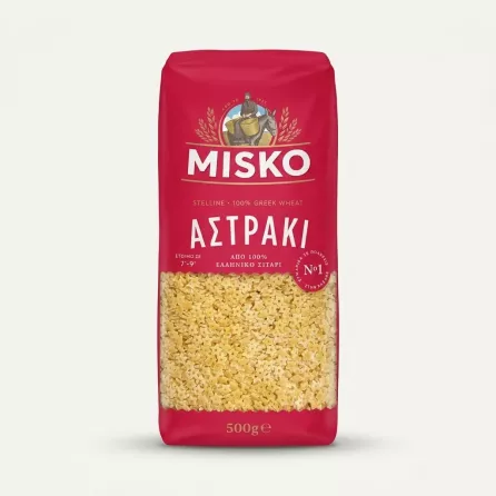 Enhanced Front of Misko Astraki Stelline Greek Pasta 500g package held in hand