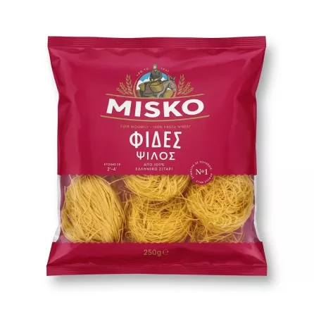 Enhanced Front of Misko Fine Nests Pasta 250g pack showing branding and transparent window