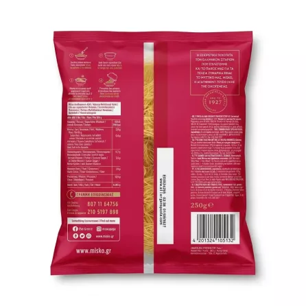 Enhanced Back of Misko Fine Nests Pasta pack displaying nutritional info and usage instructions