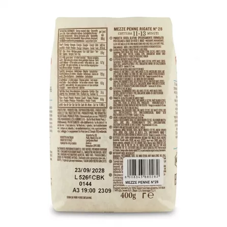Enhanced Back of Rummo Gluten Free Mezze Penne Rigate 400g with nutritional info and barcode