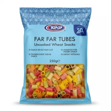 Enhanced Front of Top-Op Far Far Tubes 250g uncooked wheat snacks bag